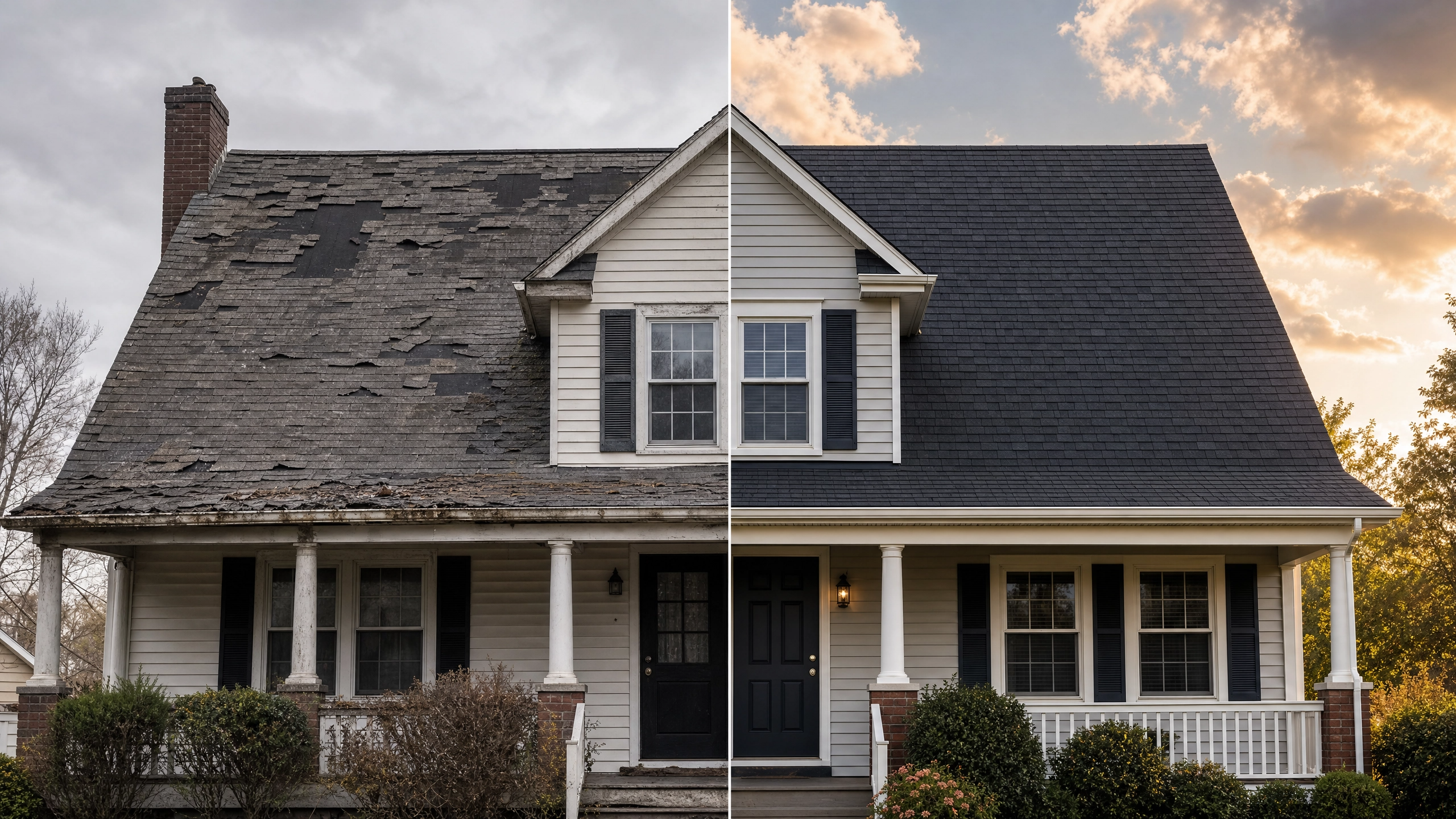 Storm-damaged roof before and after a contractor visit